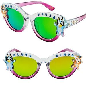 Bluey Bingo Girls Clear Pink Round Sunglasses Mirrored Green Lenses Kids